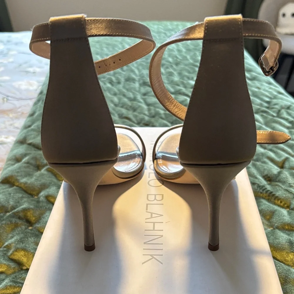 Manolo Blahnik Metallic Satin Ankle-Strap Stiletto Sandals - Picture 4 of 12